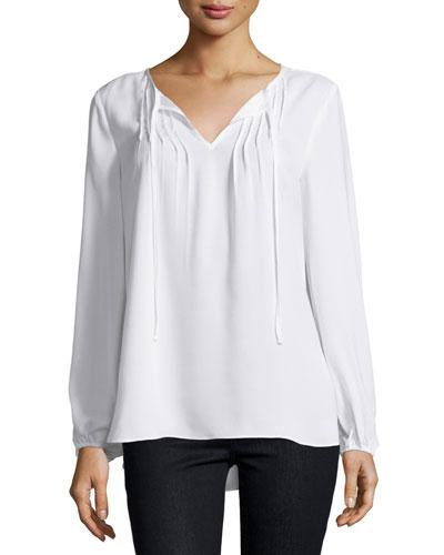 Sheer Pintucked Peasant-sleeve Blouse, White