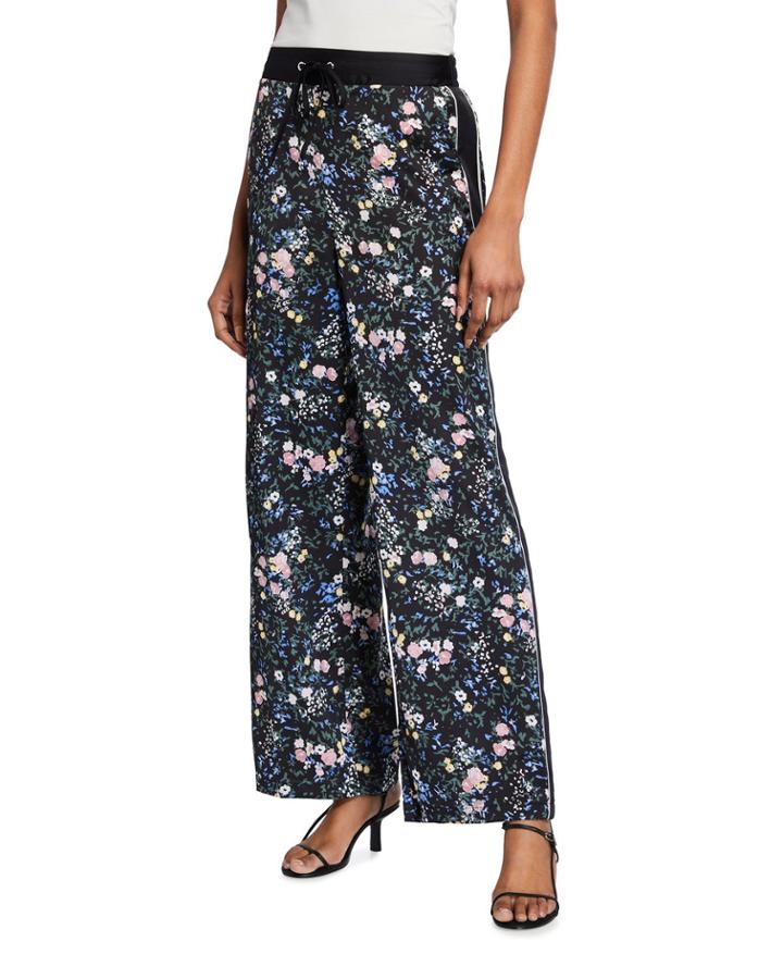 Floral Side-stripe Satin Wide-leg Pants