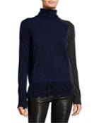 Cashmere Colorblock Turtleneck Sweater With Fringe Hem
