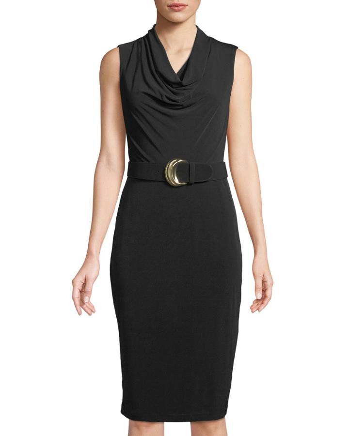 Sleeveless Cowl-neck Sheath Dress With Belt