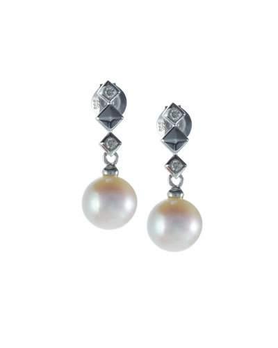 Deco-top Freshwater Pearl Drop Earrings W/ Diamonds