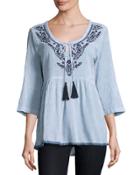 Pinstriped Embroidered Tunic, Blue