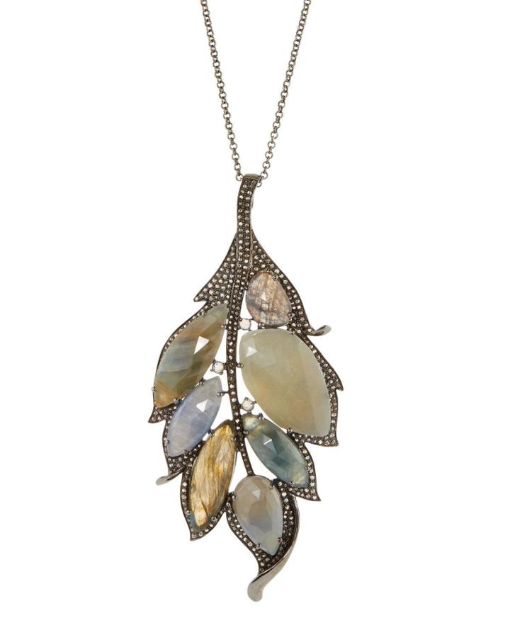Labradorite & Sapphire Leaf Pendant Necklace