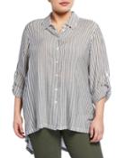 Plus Size Striped Long-sleeve Button -front