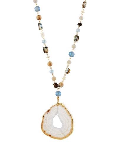 Long Beaded Agate Slice Pendant Necklace