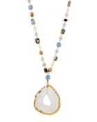 Long Beaded Agate Slice Pendant Necklace