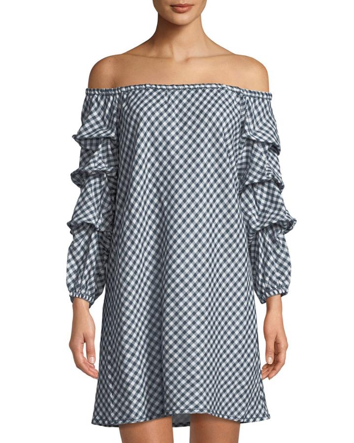 Off-the-shoulder Balloon-sleeve Gingham Dress