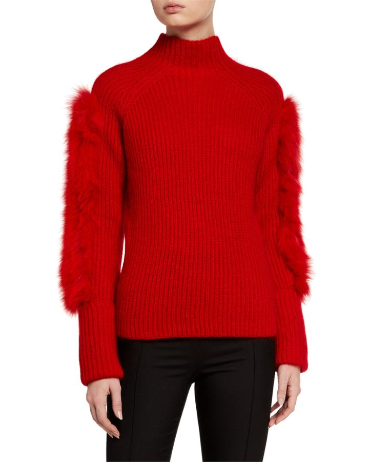 Mock-neck Long-sleeve Beaded-fringe Mohair-blend