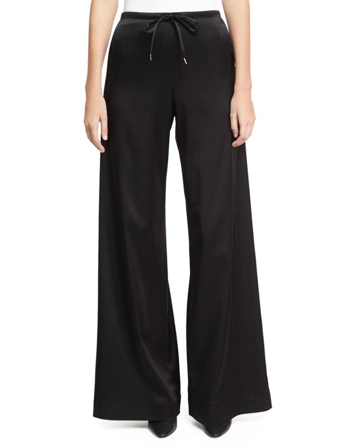 Wide-leg Casual Sateen Pants, Black