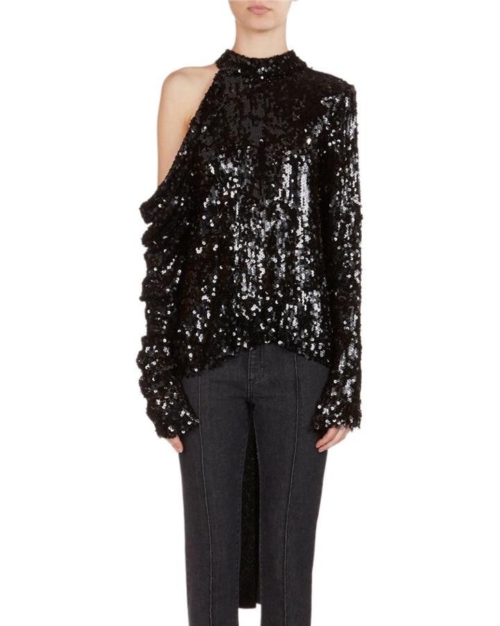 Oxford Sequined Cold-shoulder Top