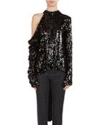 Oxford Sequined Cold-shoulder Top