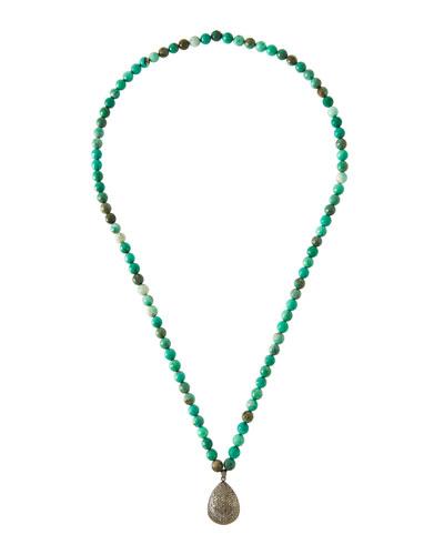 Long Agate Beaded Necklace W/ Pave Diamond Pendant