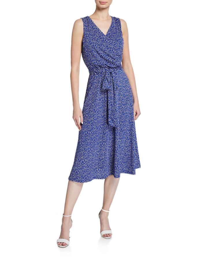 Faux-wrap Polka Dot Sleeveless Dress