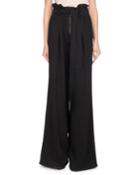 Paperbag-waist Wide-leg Crepe Pants W/