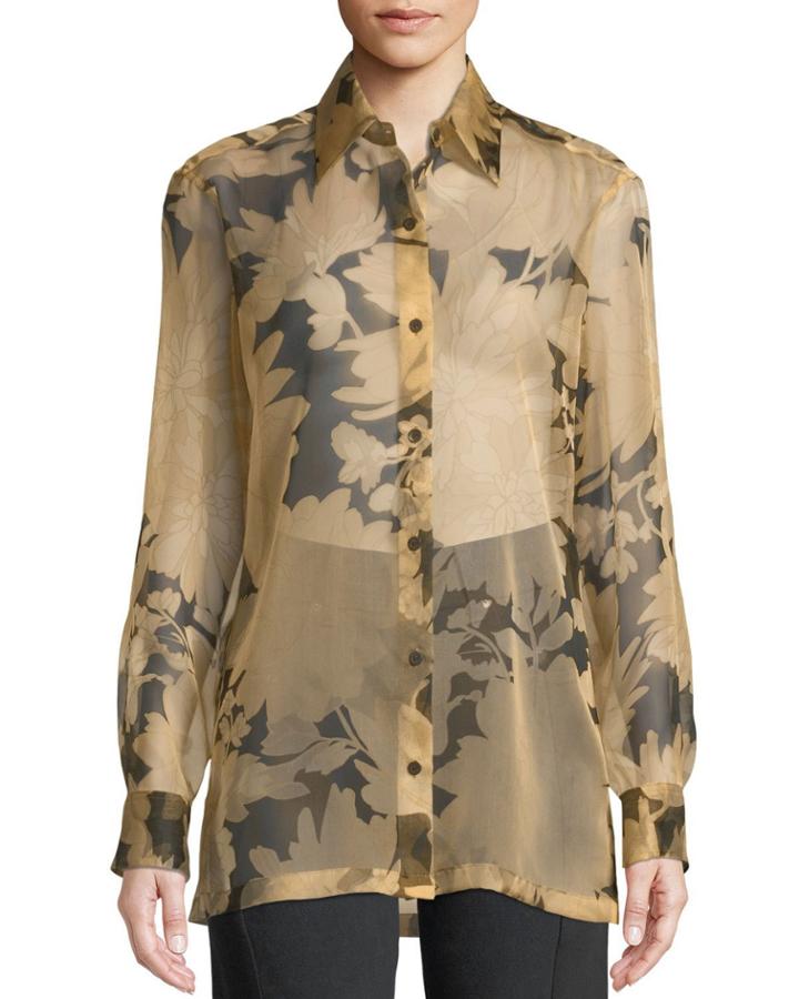 Long-sleeve Button-front Floral-print