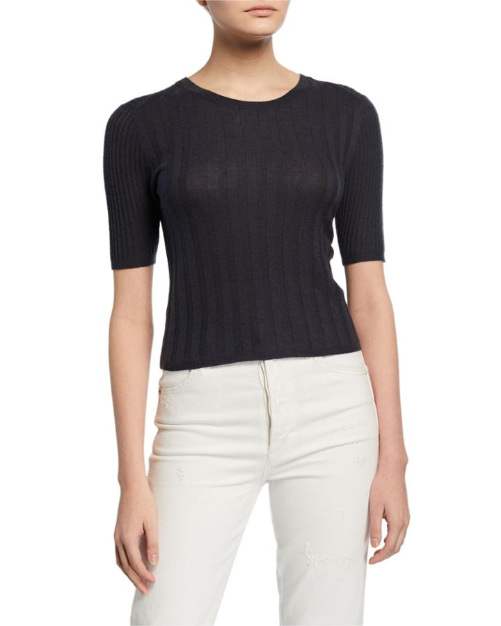 Crewneck Elbow-sleeve Ribbed Cashmere Pullover