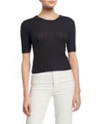 Crewneck Elbow-sleeve Ribbed Cashmere Pullover