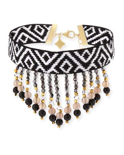Tribal Woven Beaded Fringe Choker Necklace, Black/white