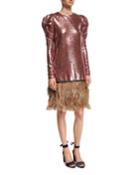 Aurora Sequined Puff-shoulder Dress With Feather Hem
