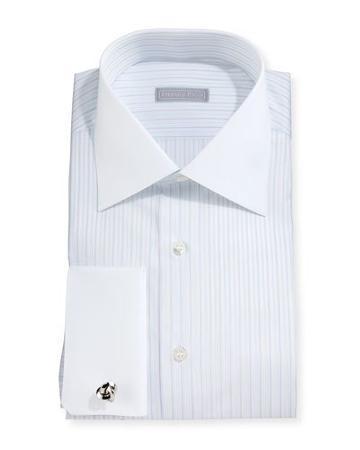 Contrast-collar Striped French-cuff Dress