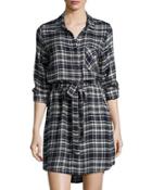 Olsen Plaid-print Tie-waist Shirtdress, Navy