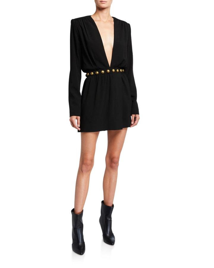 Studded-waist V-neck