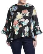 Floral Bell-cuff Ruffle Blouse,