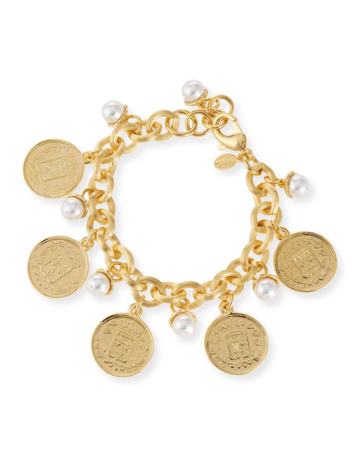Long Coin Charm Faux Pearl Bracelet