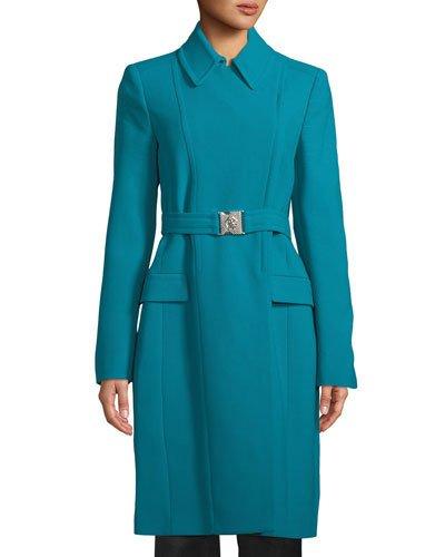 Belted Long Car Coat, Aqua