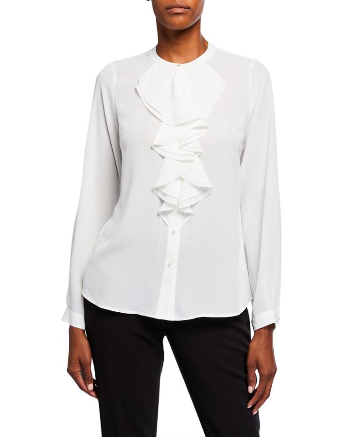 Long-sleeve Button-down Ruffle-bib Top