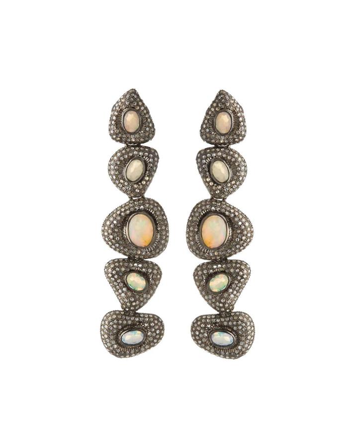 Black Silver Freeform Drop Earrings With Compressed Opal & Diamonds