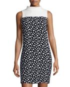 Sleeveless Mock-neck Polka-dot Shift Dress, Black/white