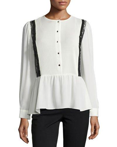 Pintuck Lace-trim Blouse, White/black