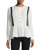 Pintuck Lace-trim Blouse, White/black