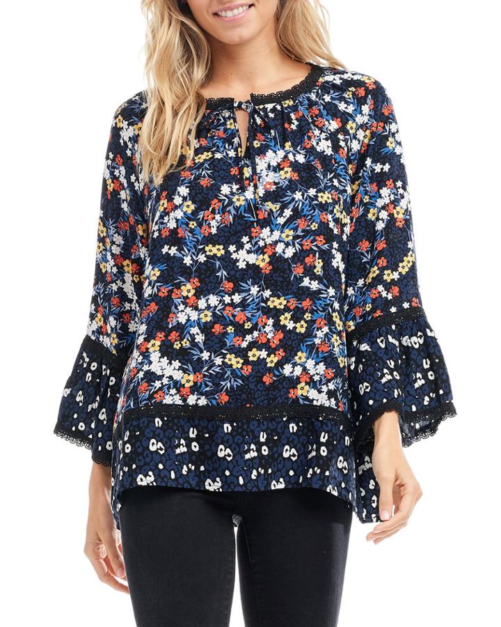 Mixed-print Tie-neck Blouse