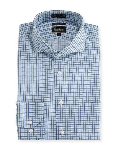 Trim-fit Dobby Check Dress Shirt, Green/blue