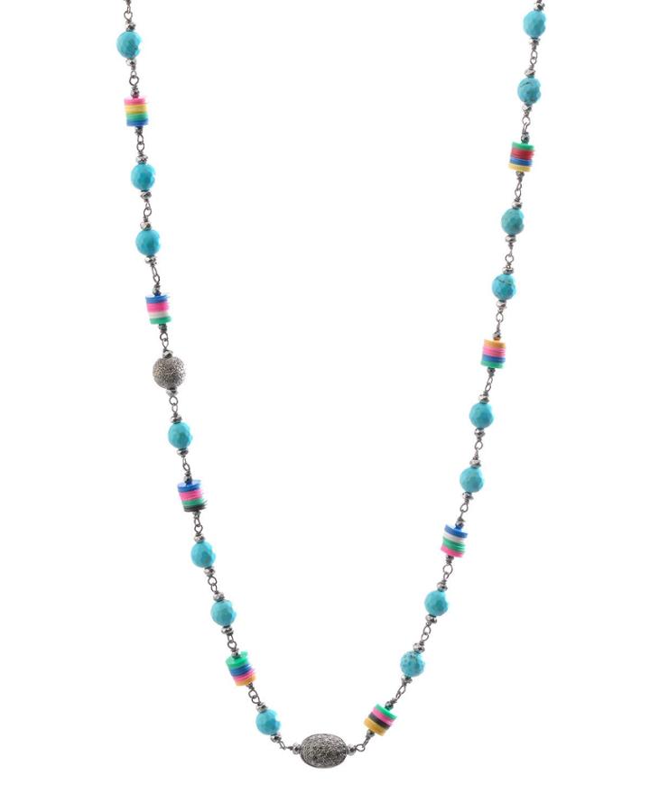 Funky Silver Strand Necklace With Stabilized Turquoise, Plastic & Diamonds