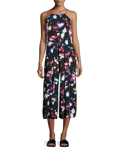 Pleated-leg Sleeveless Cropped Jumpsuit, Black