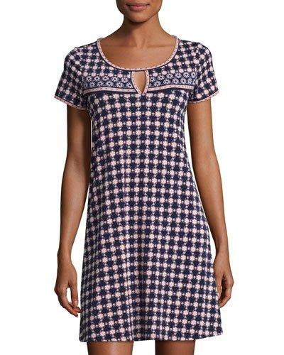 Short-sleeve Keyhole Trapeze Dress, Blue/pink