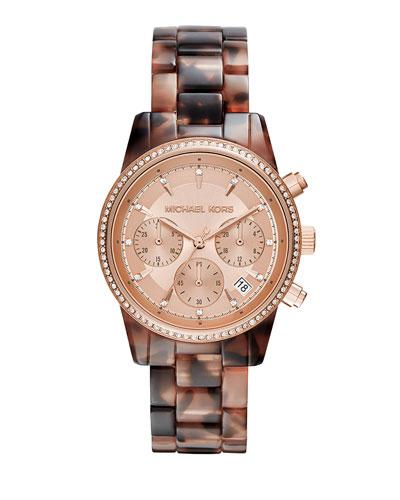 37mm Ritz Chronograph Watch, Rose Gold/tortoise