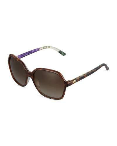 Modified Rectangle Havana Acetate Sunglasses, Brown