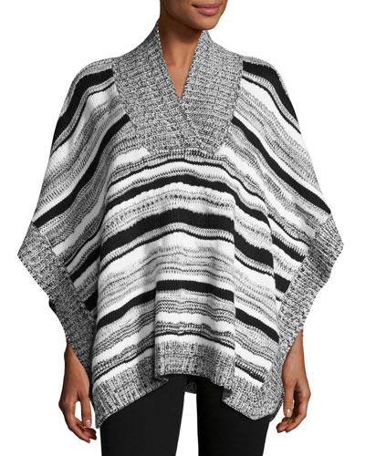 Stripe-knit V-neck Poncho, Black Combo