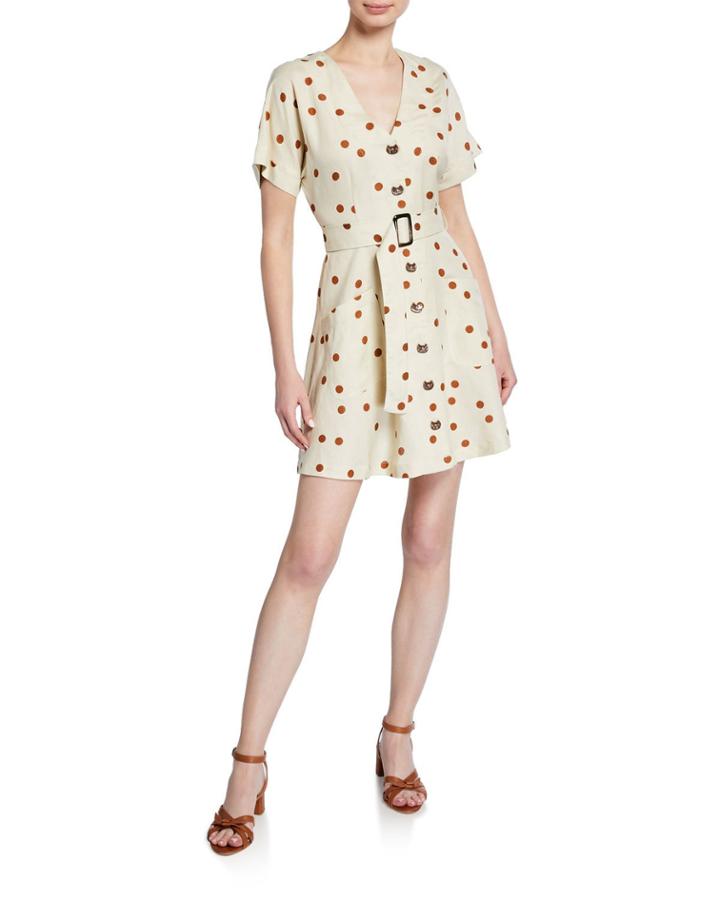 Polka Dot Button-front Short-sleeve Belted