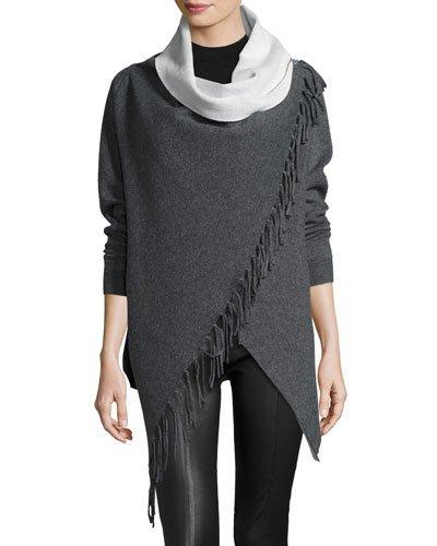 Double-face Fringe Crossover Cardigan, Gray/off White