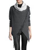 Double-face Fringe Crossover Cardigan, Gray/off White