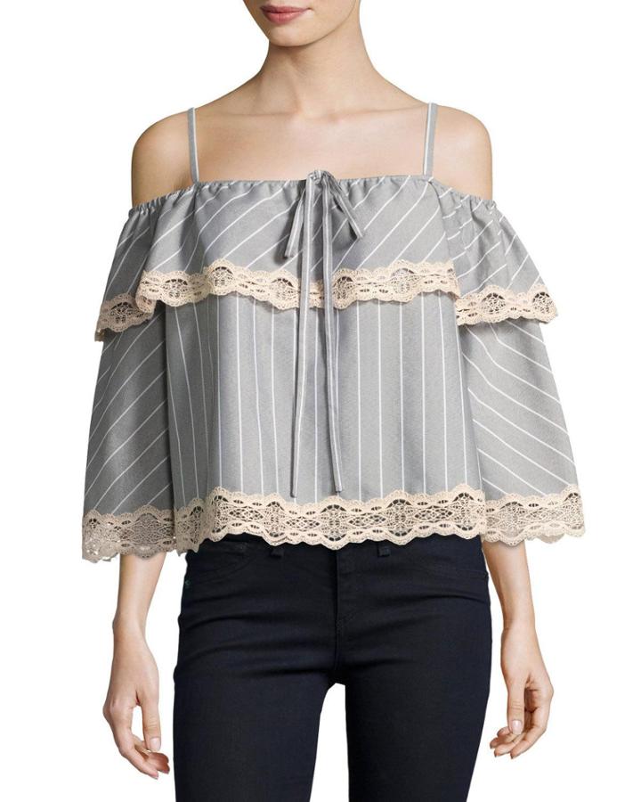 Bold Stripe Poplin Off-the-shoulder Blouse, Gray