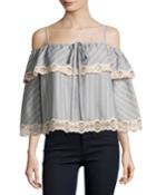 Bold Stripe Poplin Off-the-shoulder Blouse, Gray