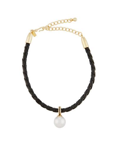 Braided Leather Choker W/ Simulated Pearl Drop