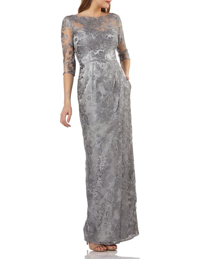 Boat-neck Elbow-sleeve Embroidered Lace Illusion Gown