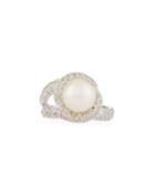 14k White Gold Twisted Diamond & Pearl Ring,